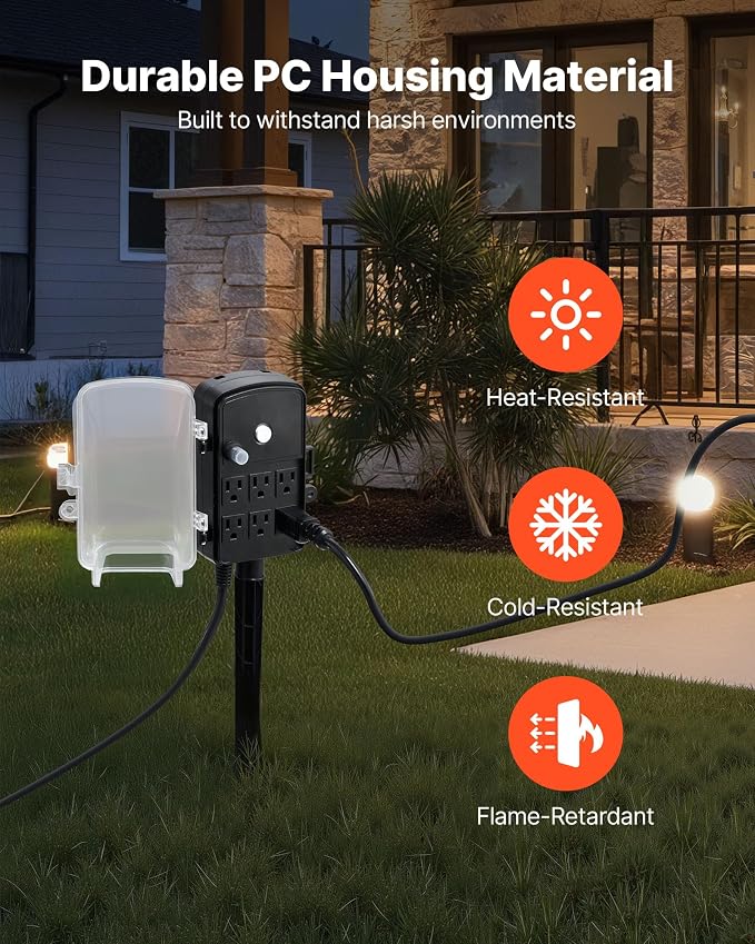 VEVOR Outdoor Power Stake Waterproof, 100 FT Extension Cord, Outdoor Power Strip, Weatherproof with Cover and Overload Protection, 6 Outlets, 13A/1625W for Halloween/Christmas Lights Decorations