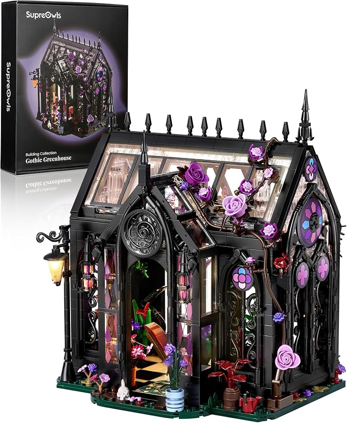 Gothic Greenhouse Building Set with Lights, Architecture Model with Stained Glass & Rose Vines, Botanical Garden Display with Flowers & Plants, Gothic Decor Building Blocks Gift for Adults 1378 Pieces