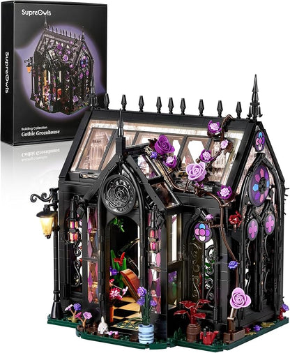 Gothic Greenhouse Building Set with Lights, Architecture Model with Stained Glass & Rose Vines, Botanical Garden Display with Flowers & Plants, Gothic Decor Building Blocks Gift for Adults 1378 Pieces