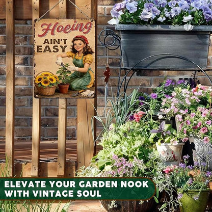 PEACHGARDEN Hoeing Ain't Easy Sign Garden Metal Sign Gardening Gifts for Women Funny Garden Wall Decor for Outdoor Patio Yard Greenhouse 12x16 inch