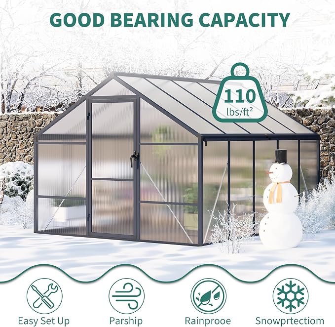 Garvee 8x10ft Walk-in Greenhouse, Heavy Duty Large Outdoor Green House | Polycarbonate Garden Greenhouse with Roof Vent, Lockable Outward-Opening Swing Door & Aluminium Frame for Backyard, Grey