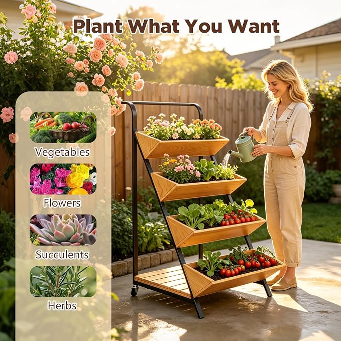 Vertical Raised Garden Bed on Wheels, Solid Wood Tiered Planter for Patio | Open-tiered for even sunlight. Rust-resistant metal frame, handle & wheels. Smooth wood. Bottom shelf for tools.