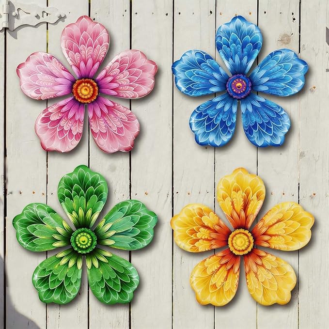 4-Pack Metal Flower Wall Decor, Outdoor Fence and Garden Art | Outdoor Wall Decor art, Easy To Hang, Ideal for outdoor fences, gardens, patios, yards and exterior walls