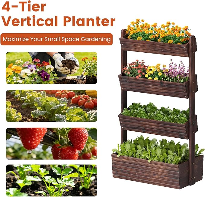 GHWIE Wooden Garden Planter Box, Raised Bed with Vertical Plant Rack, Indoor Outdoor Flower Herb Vegetable Stand (Carbonized, 4 Tier)