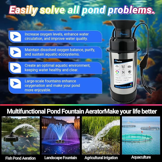 Pond Fountain Aerator with Lights, Large Fountain for Pond Lake Fish Farm | 750W 15000GPH 1HP 110V Fountain, Dynamic 4 RGB Lights, 10 Light Modes, Fully Automatic Stainless Steel Fountain, 100Ft Cord
