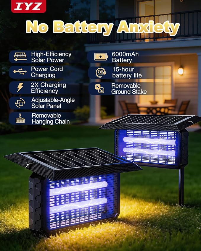 Solar Bug Zapper Outdoor,Solar Powered Bug Zapper Solar Mosquito Zapper Cordless Fly Trap with Dual Power & 6000mAh Battery, Solar Mosquito Zapper Outdoor for Backyard, Patio, Garden, RV, Camping