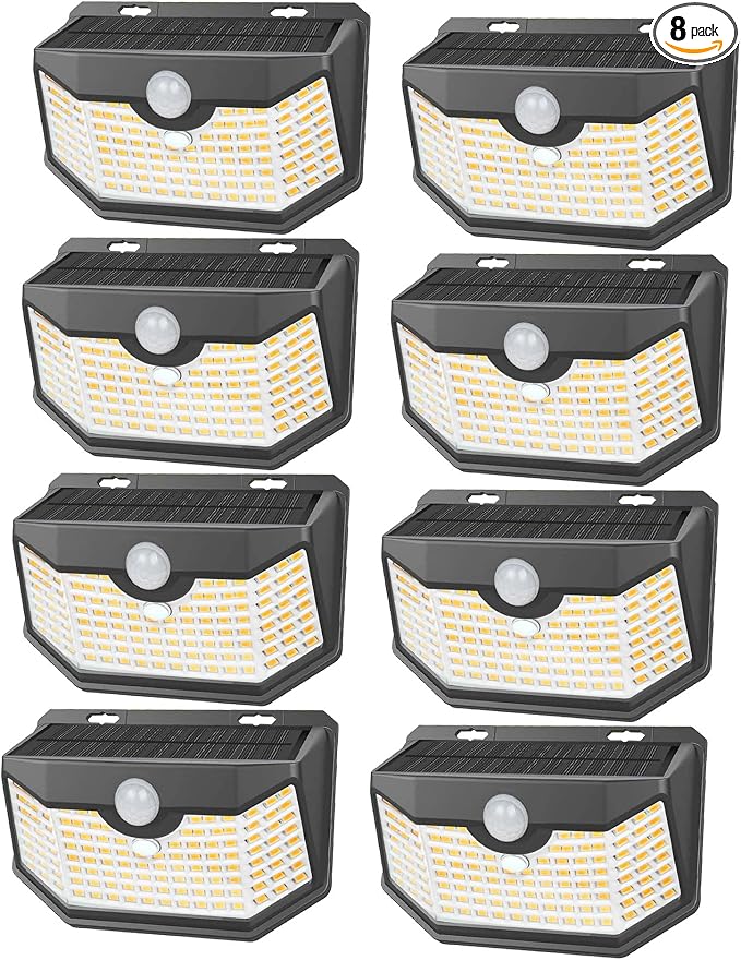 HMCITY 120 LED Outdoor Solar Lights- with Motion Sensor and 3 Lighting Modes, IP65 Waterproof Wide Solar Wall Lights Ideal for Garden Patio Yard (Front Button 8Packs, Black Shell-Warm White)