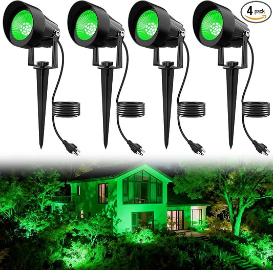 Green Spotlights Outdoor, 14 LED Landscape Lighting with US Plug, IP65 Waterproof Spot Lights for Tree Yard Garden Pathway Halloween Christmas St. Patrick's Day Decor, 4 Pack