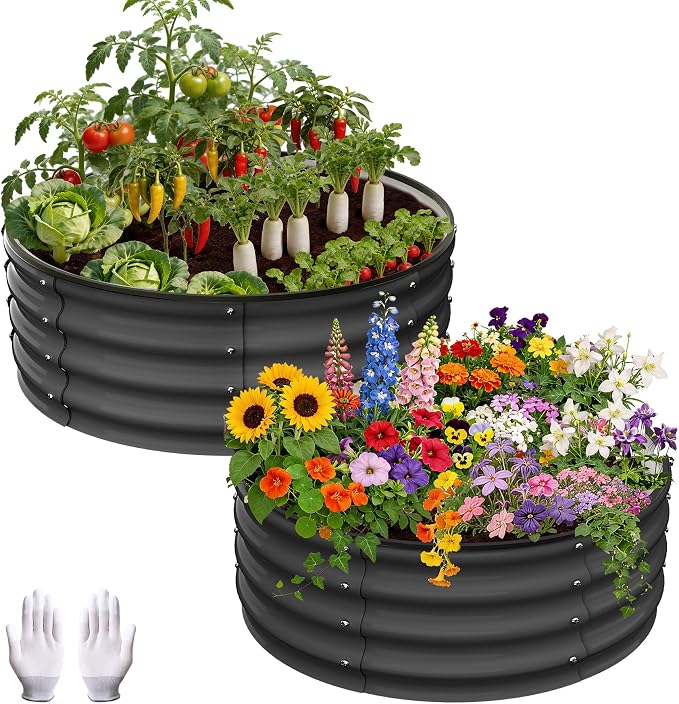 Garvee Round Raised Garden Bed, Galvanized Garden Beds, Metal Planter | 2Pcs, 2x2x1 FT, with Gloves and Rubber Edge Trim, for Vegetables, Flowers and Herbs, Dark Grey