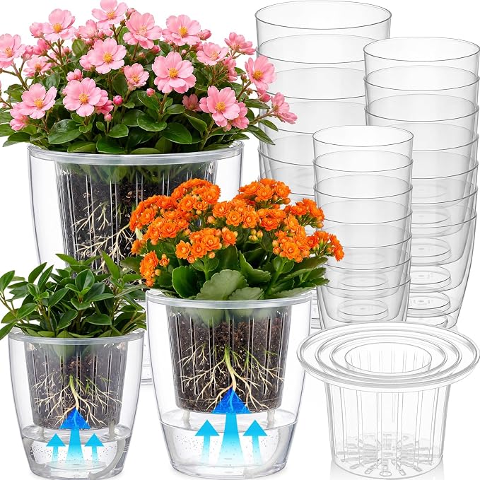 24 Pcs Self Watering Pots, 3.5/4.3/5.1'' Plastic Flower Plant Pot with Inner Pot Self Watering Wick Planter Clear Flower Pots for Indoor House Plants Herb Flowers Succulents (Transparent)