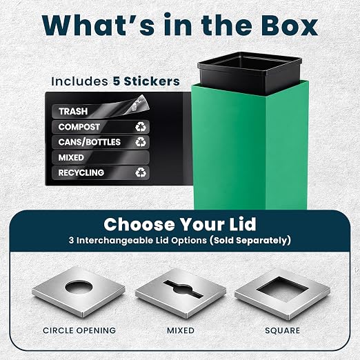 Alpine Commercial Indoor Recycle Bin - 29 Gallon Modern Looking Green Recycle Bin, Office Recycling Bins, Metal Trash and Recycling Container with Stickers & 3 Optional Lids (lid Sold Separately)