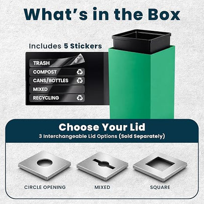 Alpine Commercial Indoor Recycle Bin - 29 Gallon Modern Looking Green Recycle Bin, Office Recycling Bins, Metal Trash and Recycling Container with Stickers & 3 Optional Lids (lid Sold Separately)
