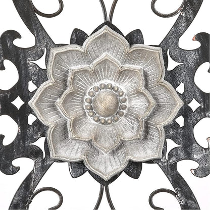Metal Flowers Wall Art, 15.75” x 9” Metal Scroll Floral Wall Decor, Hanging Wall Sculpture with Wooden Bohemian Flower, Iron Wall Decoration for Living Room Kitchen, Outside Wall Decor for Garden