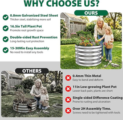 24" Diameter Round Raised Garden Bed - 17 Inch Tall, Heavy-Duty Galvanized Steel Planter Box with Wave-Shaped Panels for Vegetables, Herbs & Flowers (1, Silver, 24 Inch Diameter)