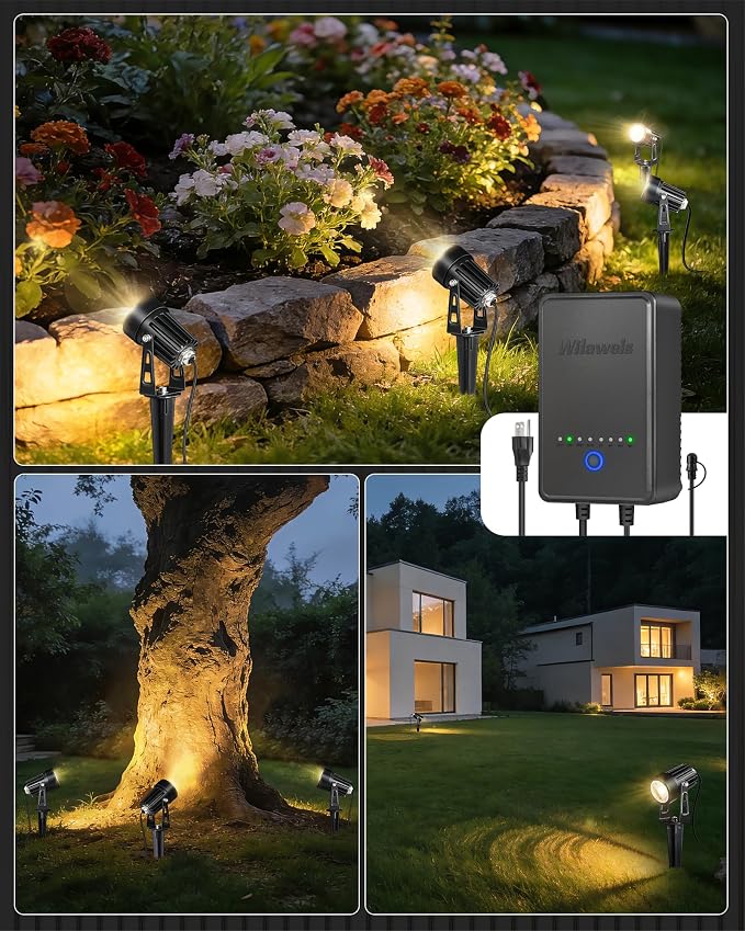 All-in-One LED Low Voltage Landscape Lighting Kit, 12-Pack Landscape Lights with Transformer, 100FT Wire and Connectors, 3000K Waterproof Outdoor Spotlights for Yard Garden Tree House W02LK06