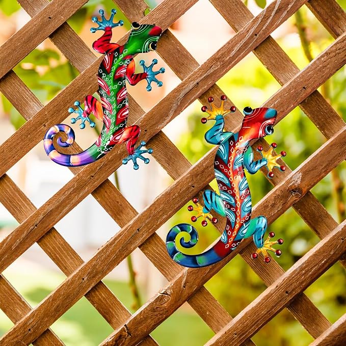 Meduofon Set of 2 Large Metal Gecko Wall Decor, Outdoor Lizard Wall Art Upgrade Handmade Hanging Sculpture Decoration for Indoor Outdoor Home Garden Yard Fence Patio (2PC Large Gecko)