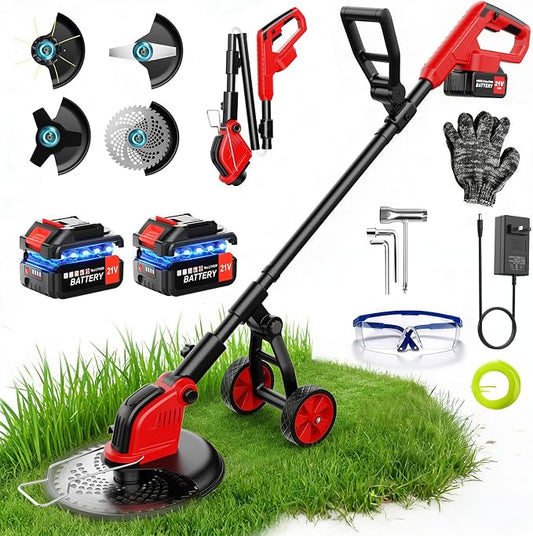 12-Inch Weed Wacker with Wheels, 2x3.0Ah 21V Battery Powered Weed Eater, Cordless Lawn Mower with 4 Types Blades, 20000RPM Electric Brush Cutter Grass Trimmer for Garden Yard