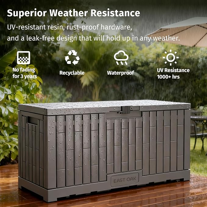 EAST OAK 120 Gallon Outdoor Storage Box | Large Resin Deck Box with Reinforced Stainless Steel Support | Waterproof & UV-Resistant Patio Storage Box for Cushions, Garden Tools & Accessories, Grey