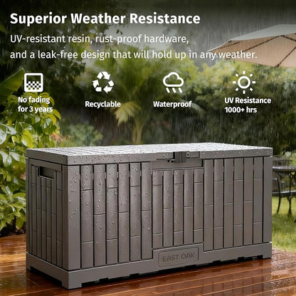 EAST OAK 120 Gallon Outdoor Storage Box | Large Resin Deck Box with Reinforced Stainless Steel Support | Waterproof & UV-Resistant Patio Storage Box for Cushions, Garden Tools & Accessories, Grey
