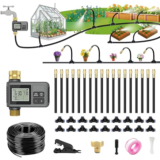 60Ft Drip Irrigation System with Smart Water Timer – Automatic Garden Watering Kit with Solid Brass Metal Connectors, 360° Adjustable Nozzles & Bendable Tubing for Garden, Greenhouse & Lawn