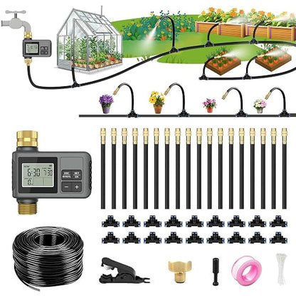 60Ft Drip Irrigation System with Smart Water Timer – Automatic Garden Watering Kit with Solid Brass Metal Connectors, 360° Adjustable Nozzles & Bendable Tubing for Garden, Greenhouse & Lawn