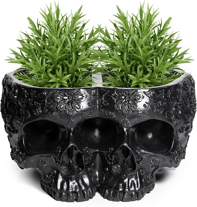 Spooky Double Head Skull Planter Pots 4" H Polyresin Skulls Succulents Outdoor & Indoor Plants & Flowers - Serving Bowl, Skeleton Home Black Goth Décor