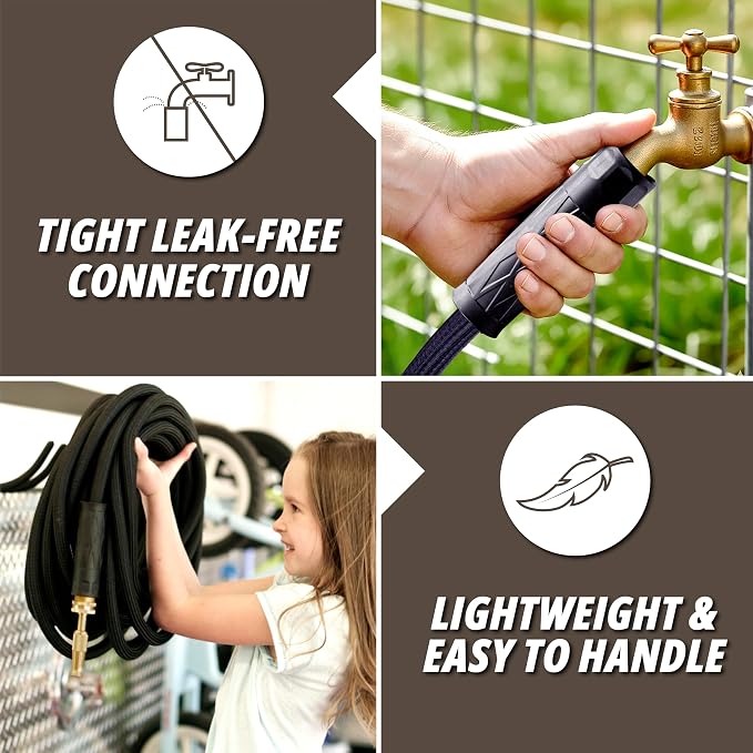 Hydrosteel PRO 50 Ft Heavy Duty Metal Garden Hose with Brass Nozzle | Made from 304 Stainless Steel, Flexible, Lightweight, Crush Resistant Fittings, Kink Free, 5/8” Diameter, 600 PSI Water Flow