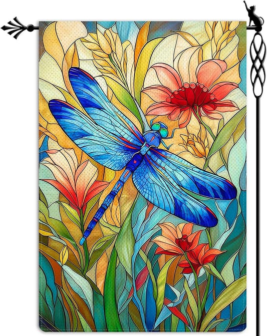 Stained Glass Style Dragonfly Garden Flag Spring Summer Garden Flag Vertical Double Sided Rustic Farmland Burlap Yard Lawn Outdoor Decor 12.5x18"