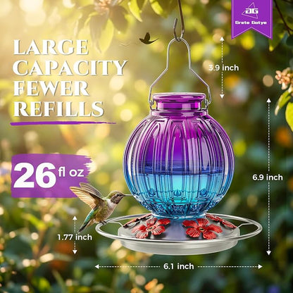 Glass Hummingbird Feeder for Outdoors Hanging, 26Oz Bird Nectar Feeder with Perch & 5 Flower Feeding Ports, Leak Proof for Outside Garden Decor Backyard, Gifts for Women Mom, Purple & Blue