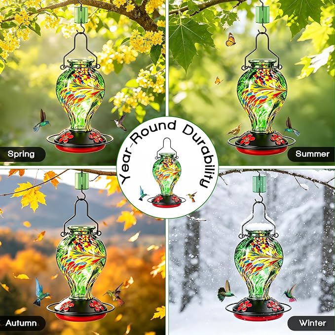 Hand Blown Glass Hummingbird Feeders for Outdoors Hanging, 24oz Wild Bird Nectar Feeder with Ant Moat and Perch, Bee-Resistant Ports, Garden Decor, Gifts for Women Mom, 1 Pack, Green Phoenix