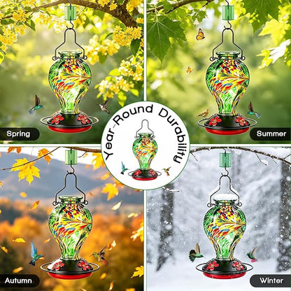 Hand Blown Glass Hummingbird Feeders for Outdoors Hanging, 24oz Wild Bird Nectar Feeder with Ant Moat and Perch, Bee-Resistant Ports, Garden Decor, Gifts for Women Mom, 1 Pack, Green Phoenix