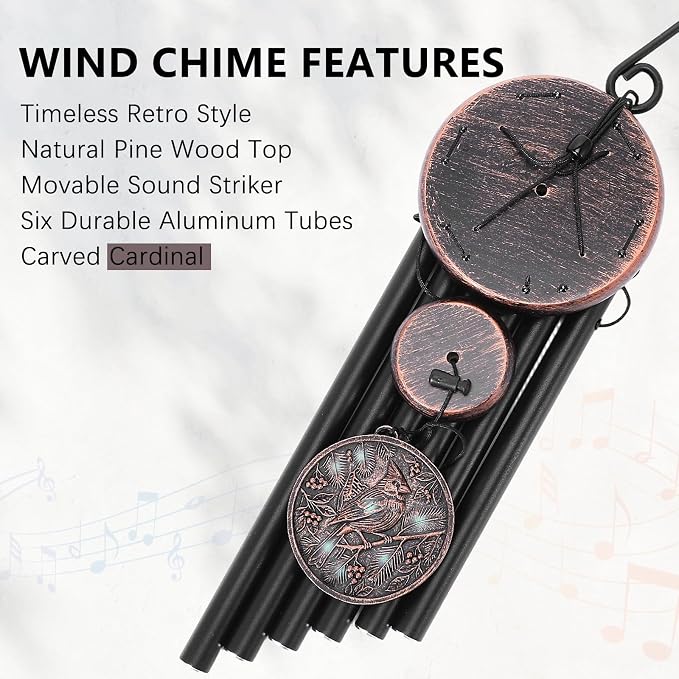 Cardinal Wind Chimes for Outside – Vintage Copper 3D Embossed Cardinal Wind Catcher, Deep Tone Wind Chime Outdoor Clearance, Outdoor Bird Hanging Décor, Gifts with Card and Box for Women Men