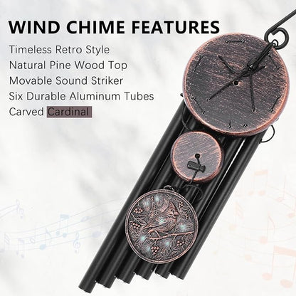 Cardinal Wind Chimes for Outside – Vintage Copper 3D Embossed Cardinal Wind Catcher, Deep Tone Wind Chime Outdoor Clearance, Outdoor Bird Hanging Décor, Gifts with Card and Box for Women Men