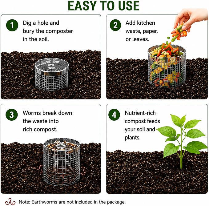 4PCS Inground Worm Composting Bin Turn Food Waste into Nutrient-Rich Soil Increase Soil Fertility Stainless Steel Composting Bin with Holes and Lid for Outdoor Garden Vegetable Patch Backyard