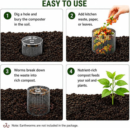4PCS Inground Worm Composting Bin Turn Food Waste into Nutrient-Rich Soil Increase Soil Fertility Stainless Steel Composting Bin with Holes and Lid for Outdoor Garden Vegetable Patch Backyard
