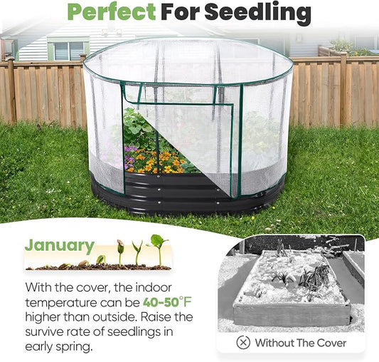 KING BIRD Raised Garden Bed with Cover Galvanized Oval Planter Garden Box Outdoor for Gardening, Vegetables, Flowers 4x3x1 Ft, White, GB-22W