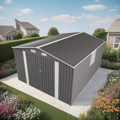 YOPTO 10x14 FT Large Outdoor Storage Shed,Durable Metal Garden Shed with Three Lockable Doors and Two Windows,Waterproof Tool Shed for Backyard Patio,All-Weather Shelter for Bike,Lawn Mowers,Grey