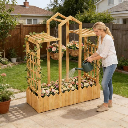 Raised Garden Bed with Trellis, Wood Elevated Planter Box with Trellis and Hanging Roof, Freestanding Outdoor Garden Planter for Flowers Herbs Climbing Vines