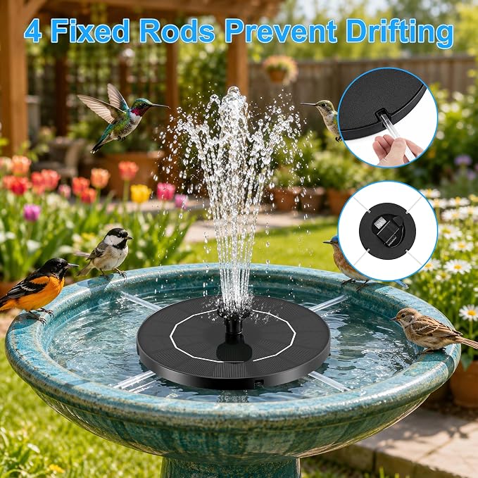 3.5W Solar Fountain Pump, Solar Bird Bath Fountain with 6 Blue & 6 Black Nozzles, Solar Water Pump for Outdoor Garden Patio Small Pond Fish Tank Landscape Decoration