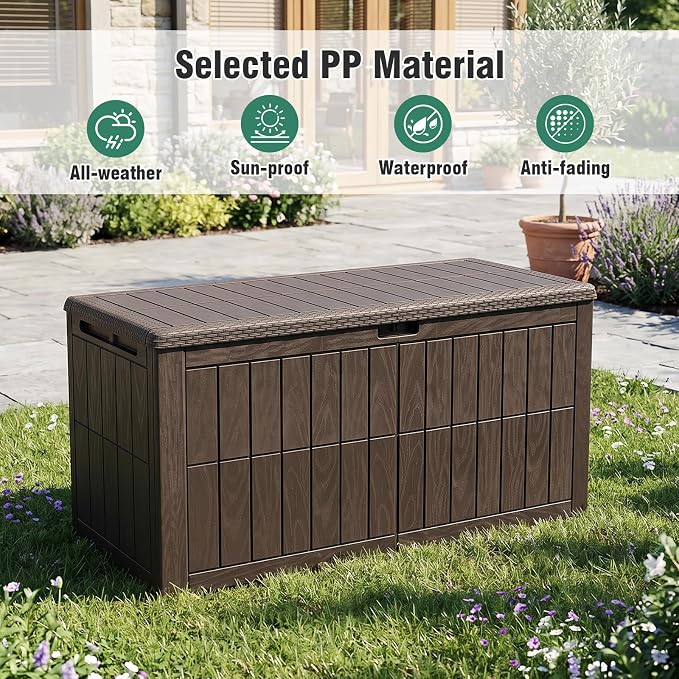 Tangkula 100 Gallon Outdoor Storage Box, Waterproof PP Resin Patio Storage Box with Lockable Lid for Indoor & Outdoor Use, 2-in-1 Rattan Design Deck Box for Cushions, Garden Tools