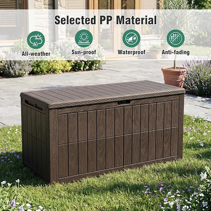 Tangkula 100 Gallon Outdoor Storage Box, Waterproof PP Resin Patio Storage Box with Lockable Lid for Indoor & Outdoor Use, 2-in-1 Rattan Design Deck Box for Cushions, Garden Tools