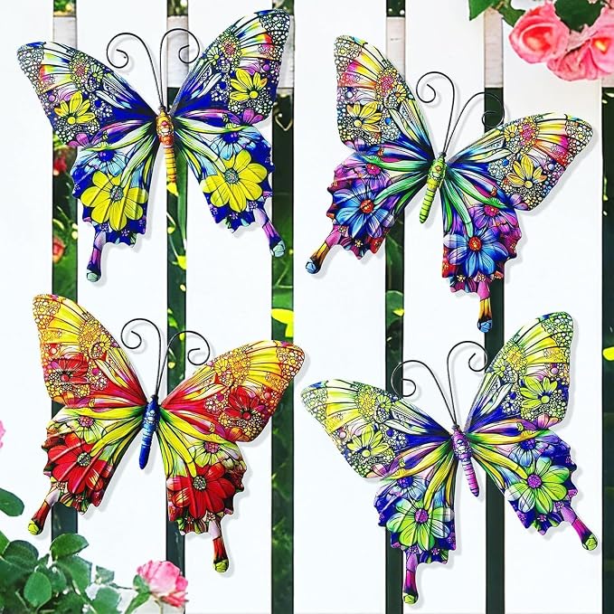 RLPZDWH Metal Butterfly Wall Art Decor, 4 Pack | 3D Metal Butterflies Outdoor Wall Art Sculpture for Garden Fence ,Yard, Backyard, Outside Wall, Patio and Balcony Decor