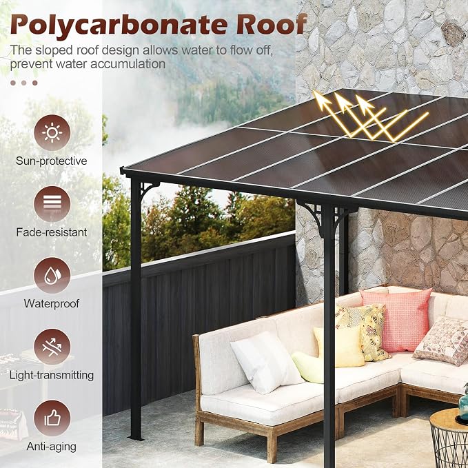Tangkula 10x13 Ft Lean-to Wall-Mounted Gazebo, Large Hardtop Pergola with Sloped Polycarbonate Roof, Aluminum & Metal Frame, Heavy-Duty Permanent Shelter for Deck Porch Backyard (Black,10x13 FT)