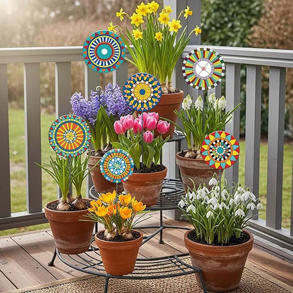 RattanView 6 Pcs Metal Flowers Garden Stake Decor for Outside 11.8 Inch Mandala Flowers Decorative Stakes Yard Decorations Outdoor Yard Art Garden Decorations for Lawn Porch Pathway Patio