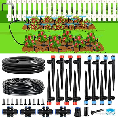 110FT Drip Irrigation System Kit, Automatic Garden Watering System Quick-Connect Adjustable Sprinklers for Raised Garden Beds, Greenhouse, Yard, Lawn, Plant with 1/2" & 1/4" Tubing and Accessories