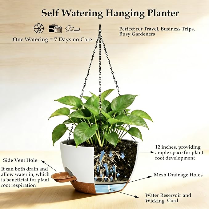 12 Inch Self Watering Hanging Planters 2 Pack, White Brown | Plastic planters with drainage holes and saucers. Suitable for indoor, outdoor, kitchen, balcony and garden plant decor.