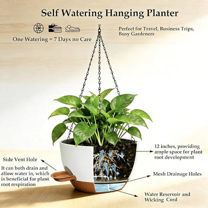 12 Inch Self Watering Hanging Planters 2 Pack, White Brown | Plastic planters with drainage holes and saucers. Suitable for indoor, outdoor, kitchen, balcony and garden plant decor.