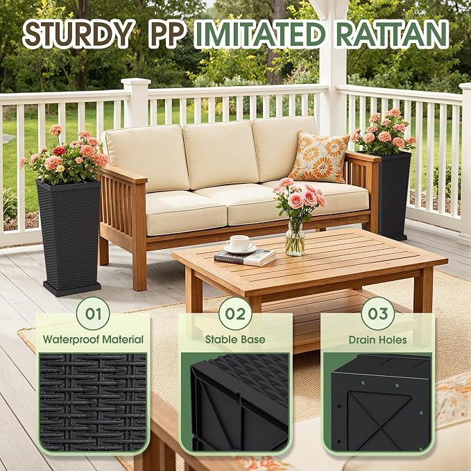 Set of 2 24 Inch Tall Plastic Planters with Drainage Saucers, Rattan Pattern UV Resistant Indoor Outdoor Flower Pots for Patio Garden Balcony Decor, Black