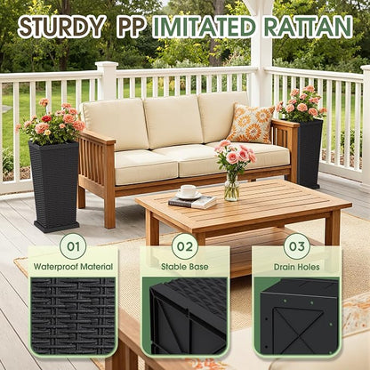 Set of 2 24 Inch Tall Plastic Planters with Drainage Saucers, Rattan Pattern UV Resistant Indoor Outdoor Flower Pots for Patio Garden Balcony Decor, Black