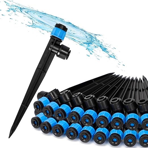 Bonviee 20-Pack 1/4-Inch Quick-Connect Adjustable Drip Emitters, Vortex | Push-to-connect stakes provide adjustable 360-degree watering for pots, lawns, vegetable beds, and garden layouts.